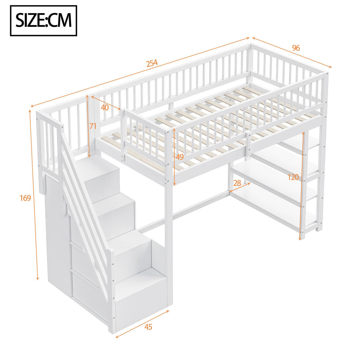 HOCHBETT 90/200 cm weiß mit Sicherheitsausschnitt und Stauraum mit Matratze - Weiß, Holzwerkstoff (90/200cm) - OKWISH