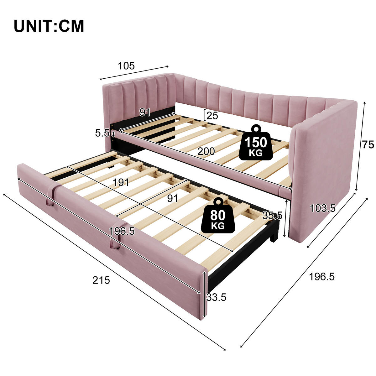 POLSTERBETT 90/200 cm Rosa mit Ziehbett - Rosa, Textil (180/200cm) - OKWISH