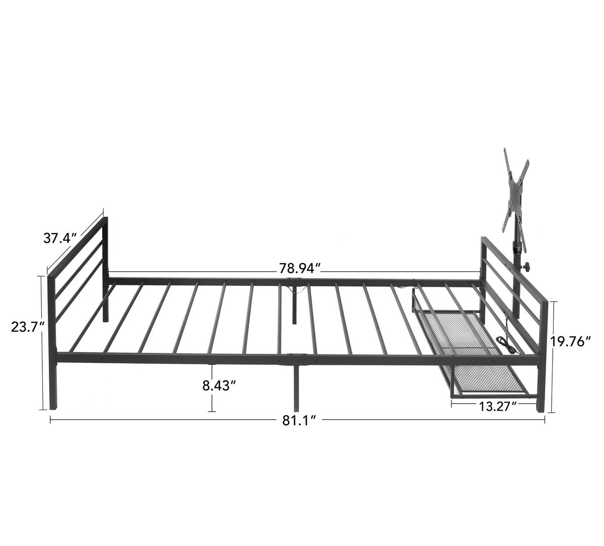 METALLBETT in Schwarz mit LED, Monitorhalterung und Aufbewahrungskorb - Schwarz, Metall (90/200cm) - STILVORA