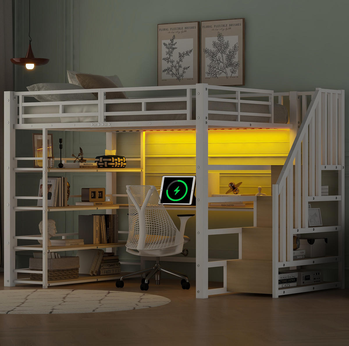 HOCHBETT 140/200 cm aus Metall und MDF mit Schreibtisch, Stauraumtreppe und LED Weiß - Weiß, Holzwerkstoff (140/200cm) - Modenvie