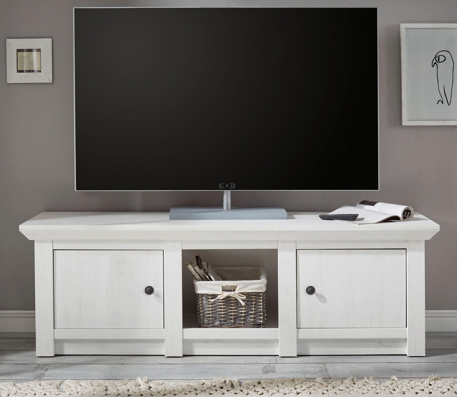 TV-LOWBOARD Pinie weiß 152 x 51 cmm TV-Unterteil im Landhaus-Stil - Schwarz/Weiß, Holzwerkstoff/Metall (152/51/45cm) - Furn.Design
