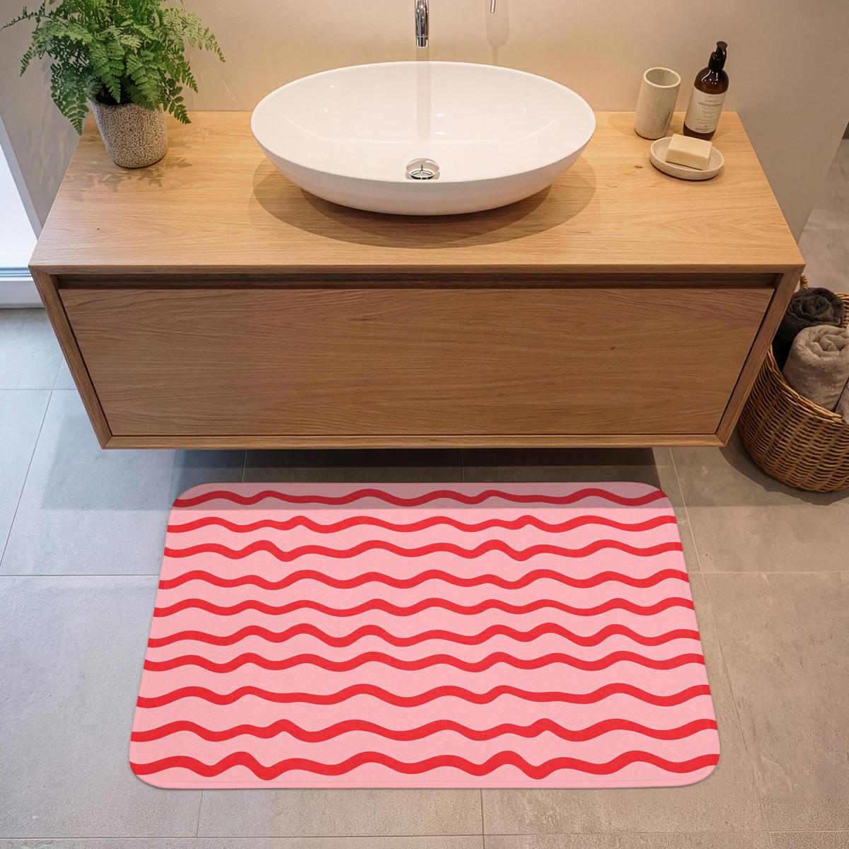KÚPEĽŇOVÁ PREDLOŽKA Hravé - vzor - červená 90x60 cm - ružová, textil/plast (90/60cm) - OnlyWow