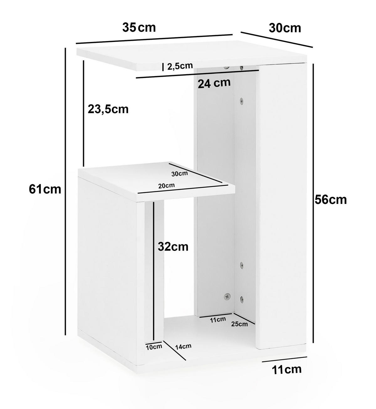 BEISTELLTISCH Holz 3 Ablagen Melaminbeschichtung BRENTA, Weiß 35x30x61 cm - Weiß, Holz (30/35/61cm) - KADIMA DESIGN
