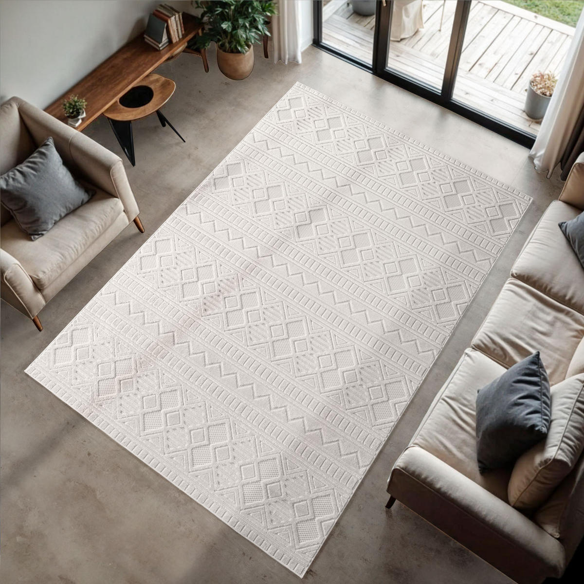 TEPPICH In-/Outdoor Kurzflor 3D-Strukturlook Polypropylen Küche Creme Rechteckig 240x340 - Creme, Textil (240/340cm) - KADIMA DESIGN