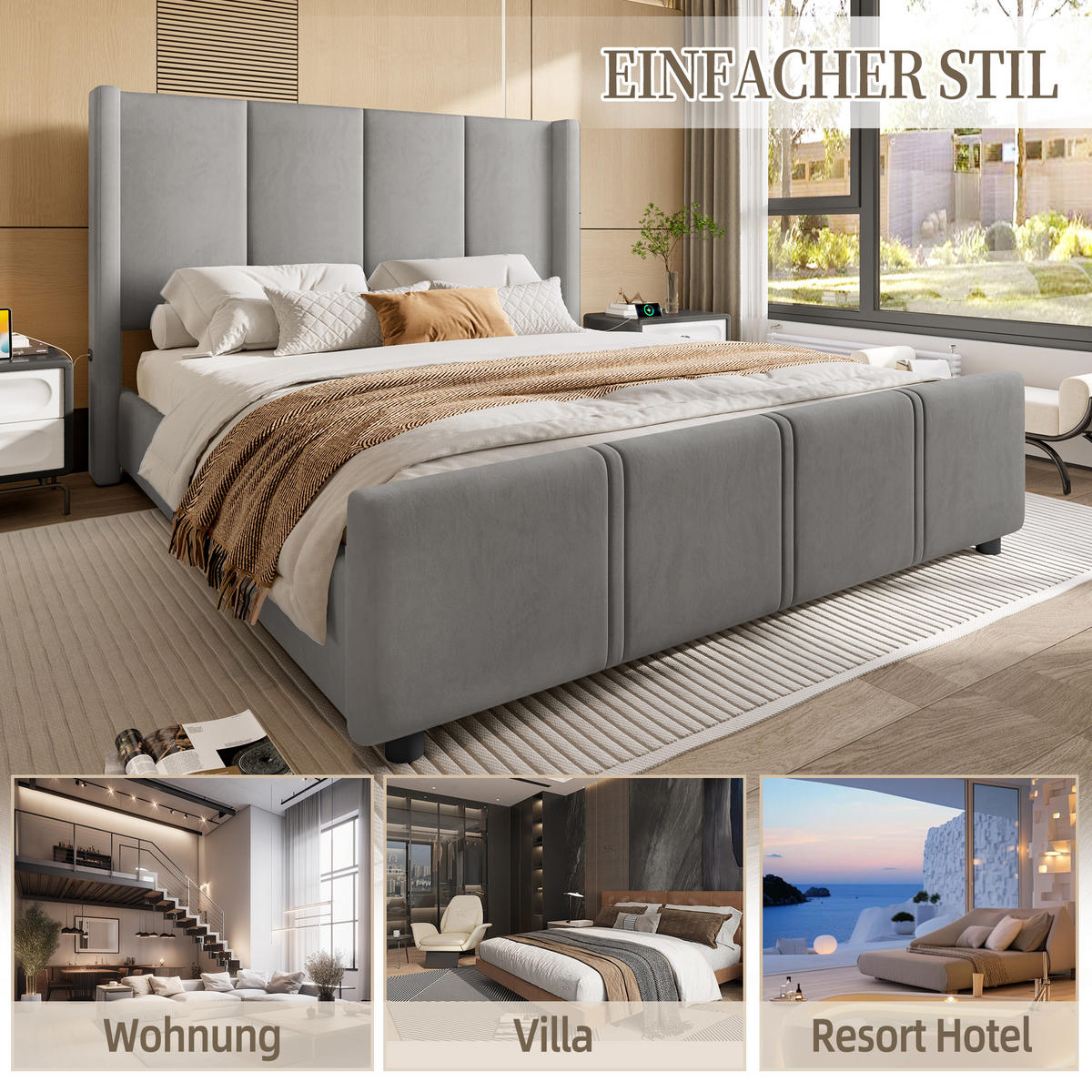 POLSTERBETT 140x190 cm USB grau - Dunkelgrau, Textil (140/190cm) - LEBENLANG