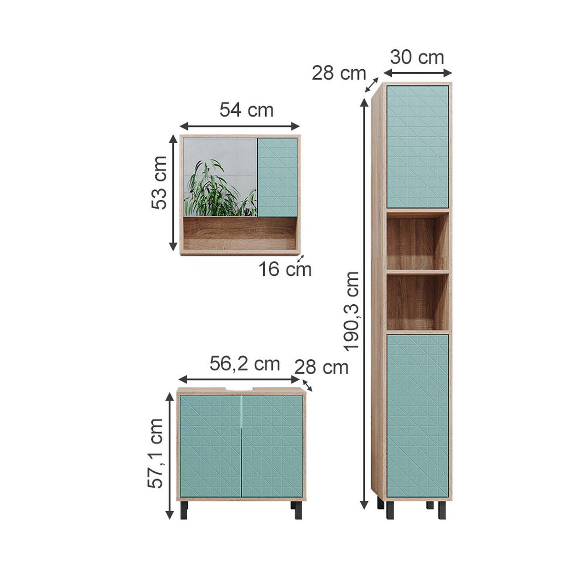 BADMÖBEL-SET Agasta Mintgrün 3 Teile, mit Hochschrank - Mintgrün/Sonoma Eiche, Holzwerkstoff (56/57/28cm) - Vicco