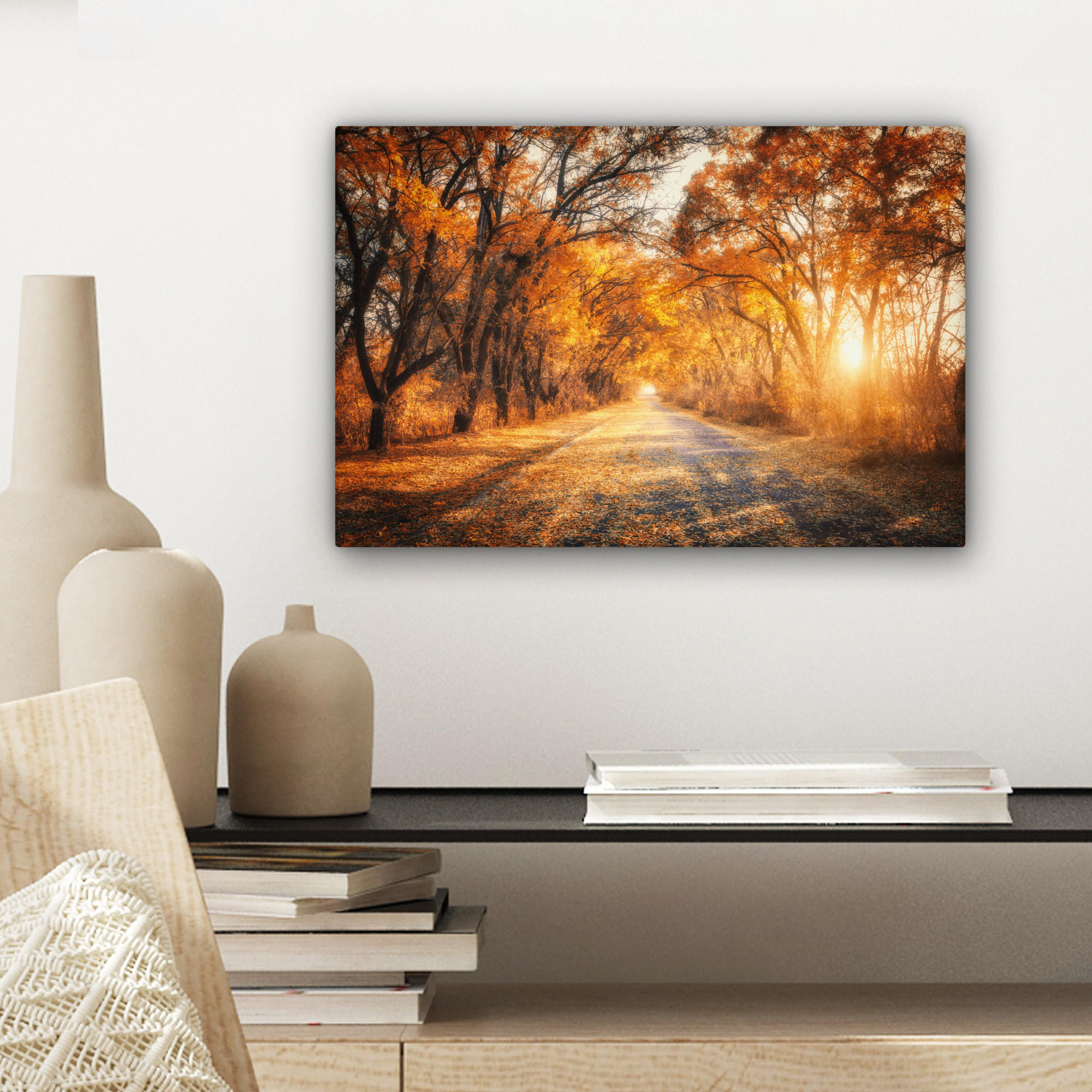 LEINWANDBILD Wald - Herbst - Bäume - Waldweg - Natur 30x20 cm - Bernsteinfarben, Textil (30/20cm) - MuchoWow