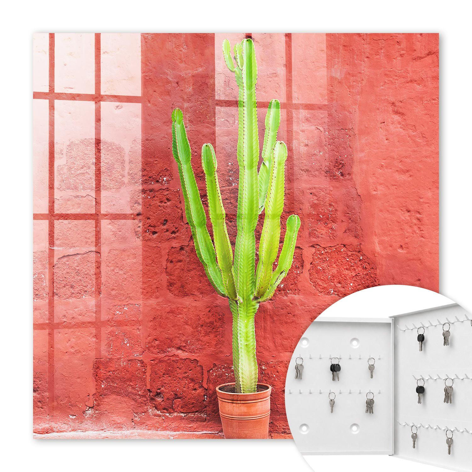 SCHLÜSSELBOX Weiß 30x30 cm – Türöffnung nach rechts - Grüner Kaktus - Rot, Metall (30/30/5cm) - TULUP
