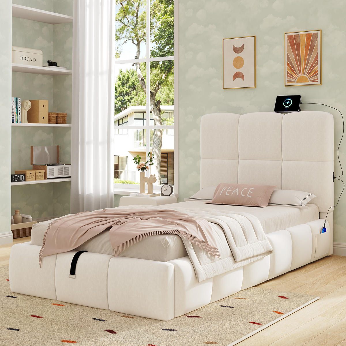 KINDERBETT 90/200 cm in Beige Samt mit Stauraum und USB - Beige, Holzwerkstoff/Textil (90/200cm) - WISHDOR
