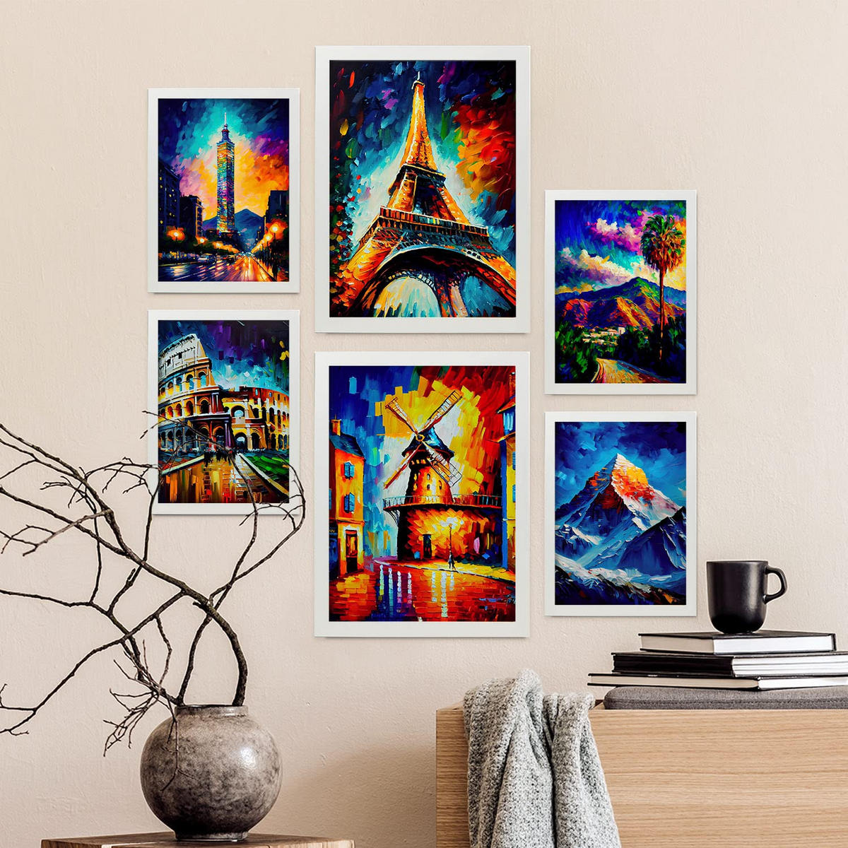 POSTER Set Mit 6 Hoch Aufragend Im Ölgemälde Stil A3 & A4 Weißer Rahmen - Weiß, Papier (29/3cm) - Nacnic