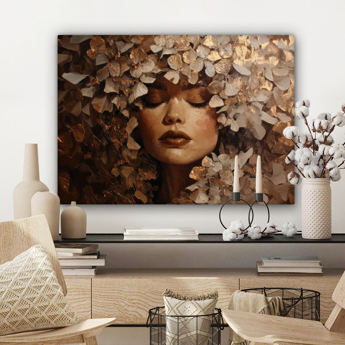 LEINWANDBILD Gesicht - Dame - Blätter - Pinselstriche Wandbilder 80x60 cm - Goldfarben, Textil (80/60cm) - MuchoWow