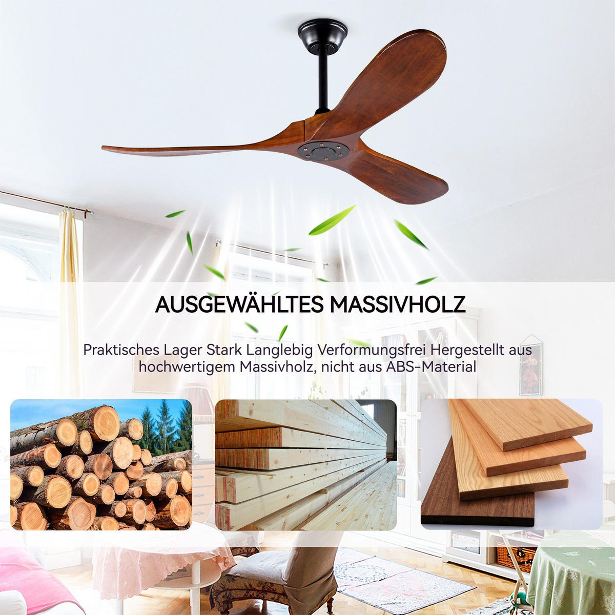 DECKENVENTILATOR & 3 Holzflügeln, Speicherfunktion, Fernbedienung - Braun, Holzwerkstoff (132/132/51cm) - Gisaae
