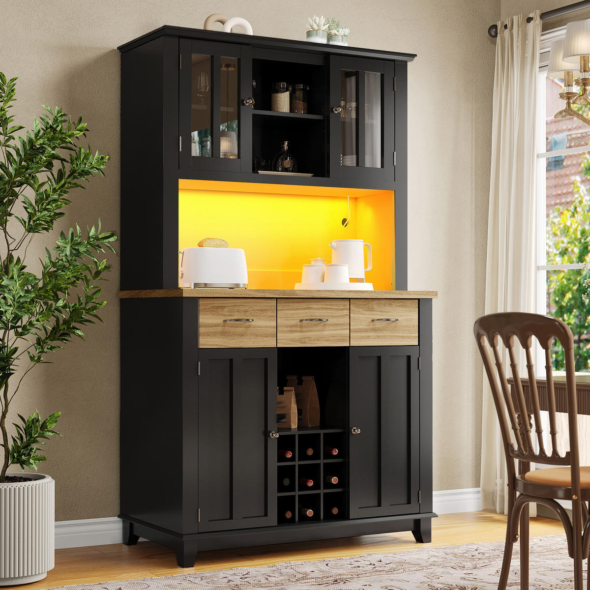 KÜCHENBUFFET mit LED-Beleuchtung, Glaselementen und verstellbaren Einlegeböden, 106 x 40 x 179,5 cm, Schwarz, MDF - Schwarz, Holzwerkstoff (106/179.5/40cm) - SONNENH