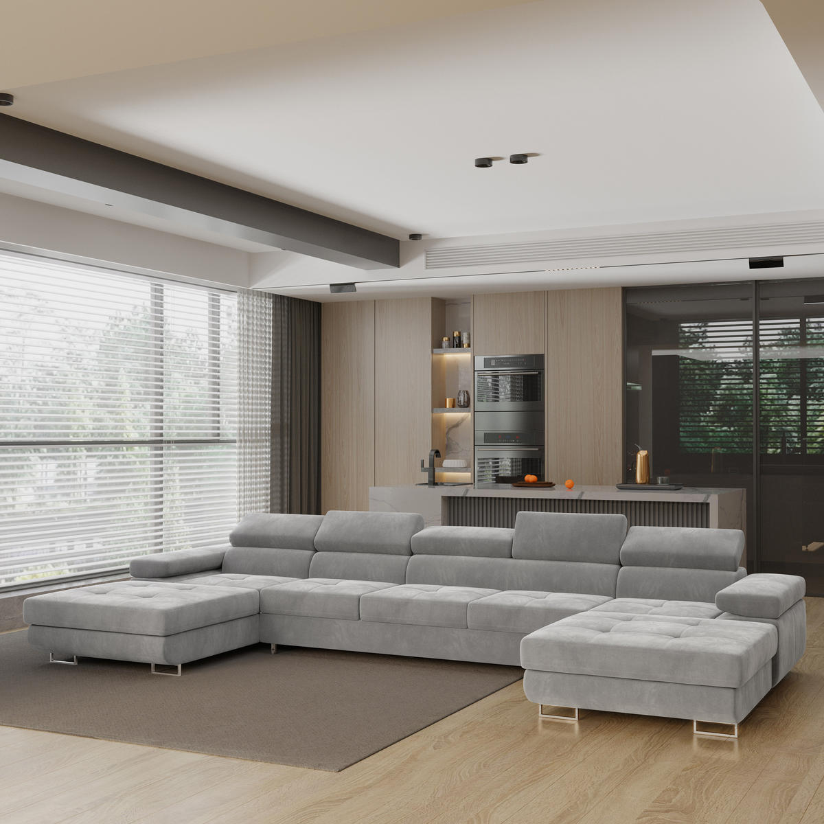 WOHNLANDSCHAFT OMBRA Hellgrau Velours-Stoff mit Schlaffunktion - Hellgrau, Holz (425/90/202cm) - MASSENO