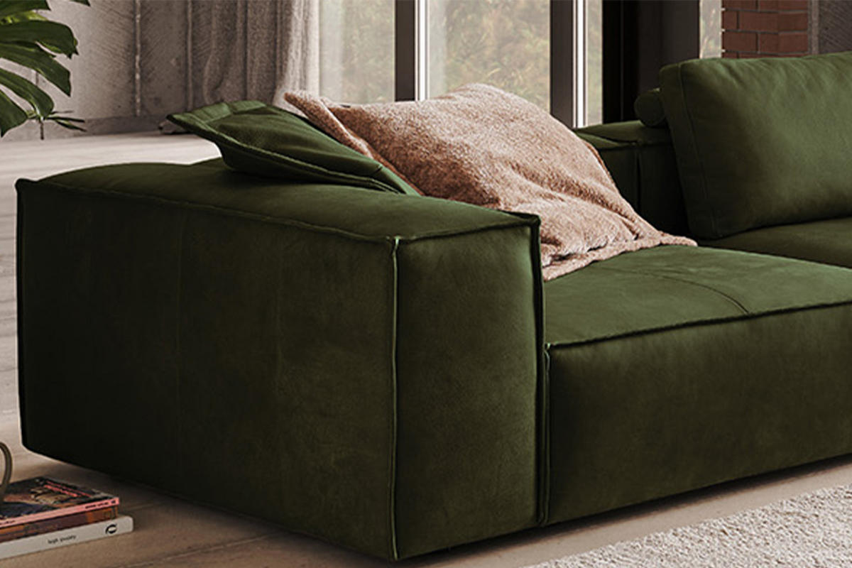 SOFA CARMO Grün Leder - Schwarz/Olivgrün, Leder/Kunststoff (366/68/118cm) - KAWOLA