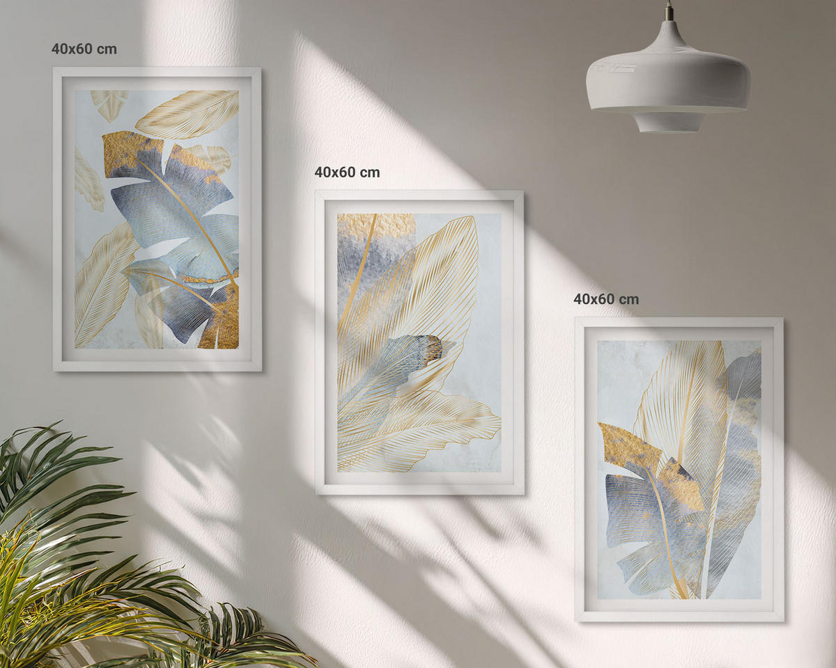 BILDER SET 3er Set - 40x60 cm Weißer Rahmen - Hellblau-beige Blätter - Weiß, Kunststoff (40/60cm) - TULUP