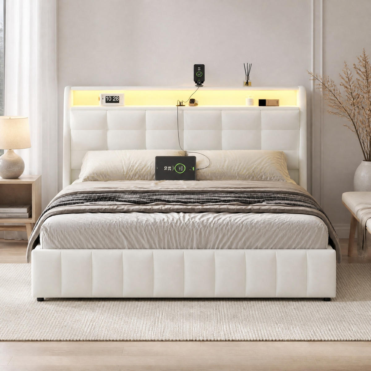POLSTERBETT 160/200 mit Bettkasten, LED-Beleuchtung und USB in Weiß - Weiß, Holzwerkstoff/Textil (160/200cm) - EVRYAE