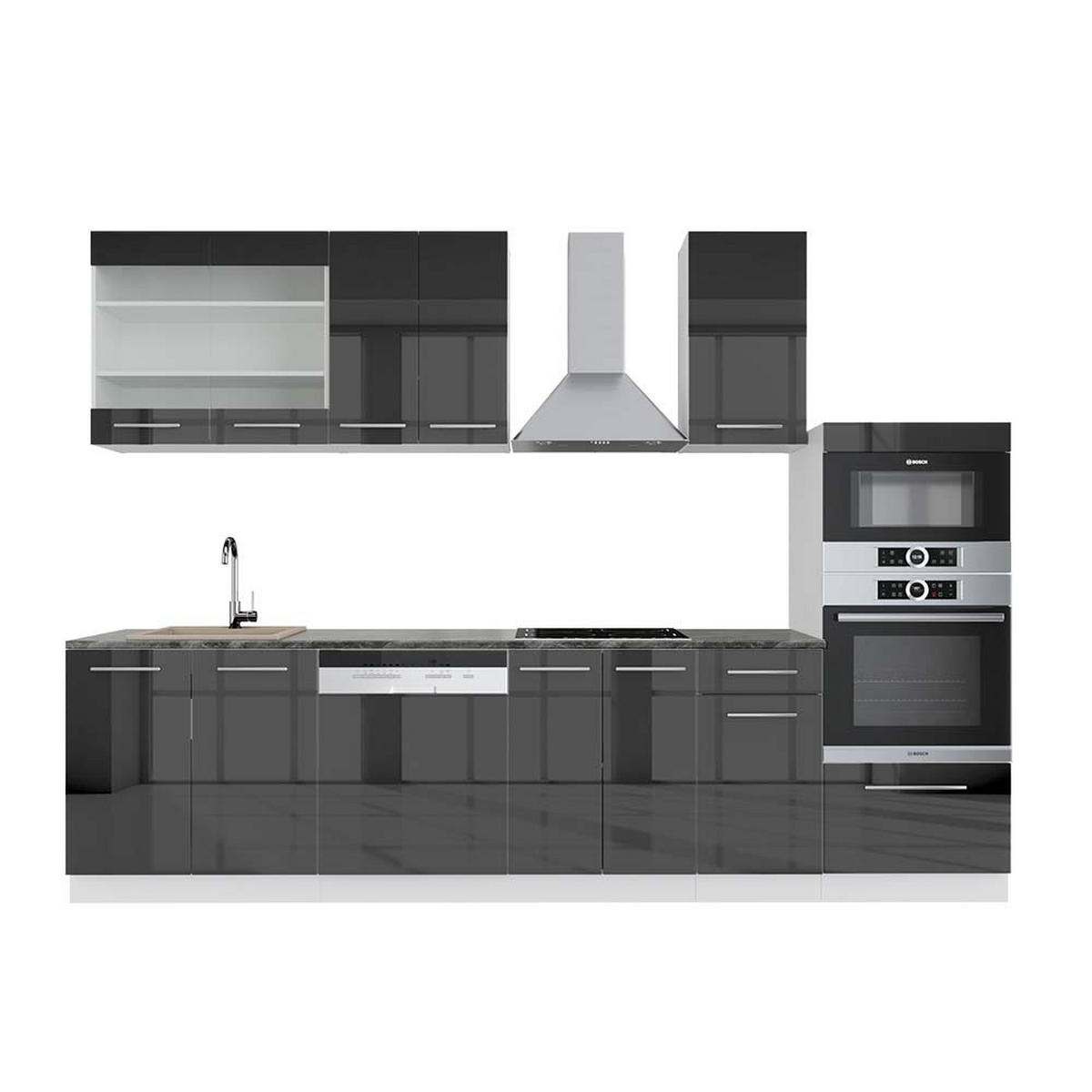 KÜCHENZEILE Fame-Line Anthrazit Hochglanz/Weiß 300 cm AP Anthrazit - Anthrazit/Weiß, Holzwerkstoff (300/81.6/60cm) - Vicco