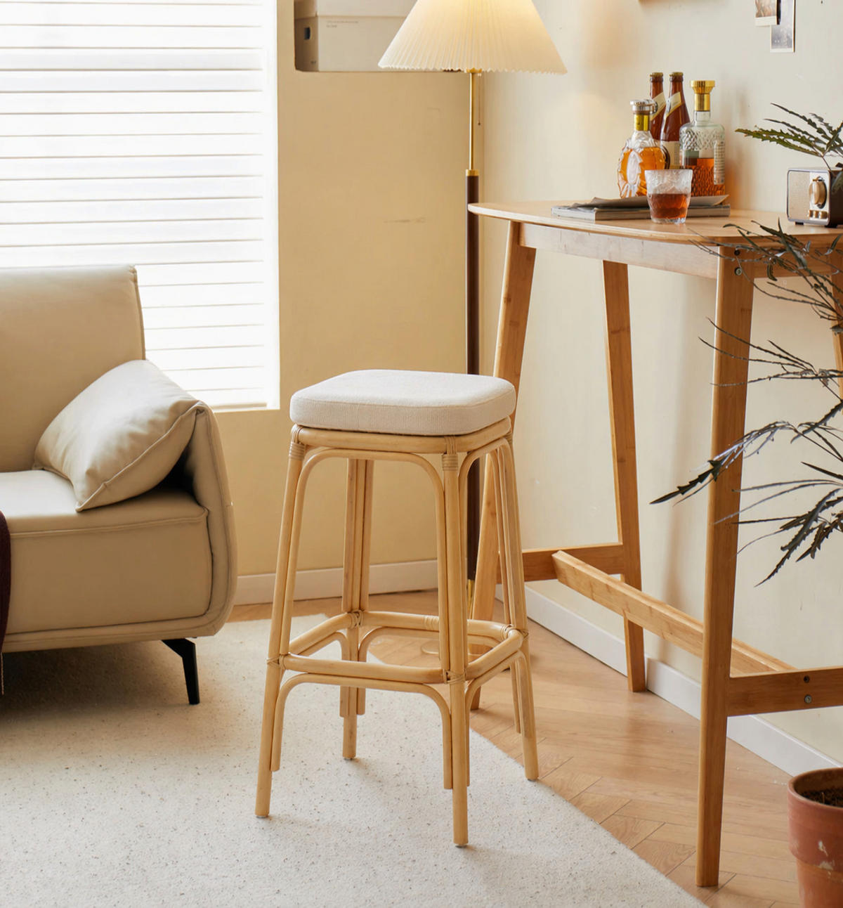 BARHOCKER 2er-Set Rattan Beige - Beige, Holz (43/66/43cm) - Nordlys