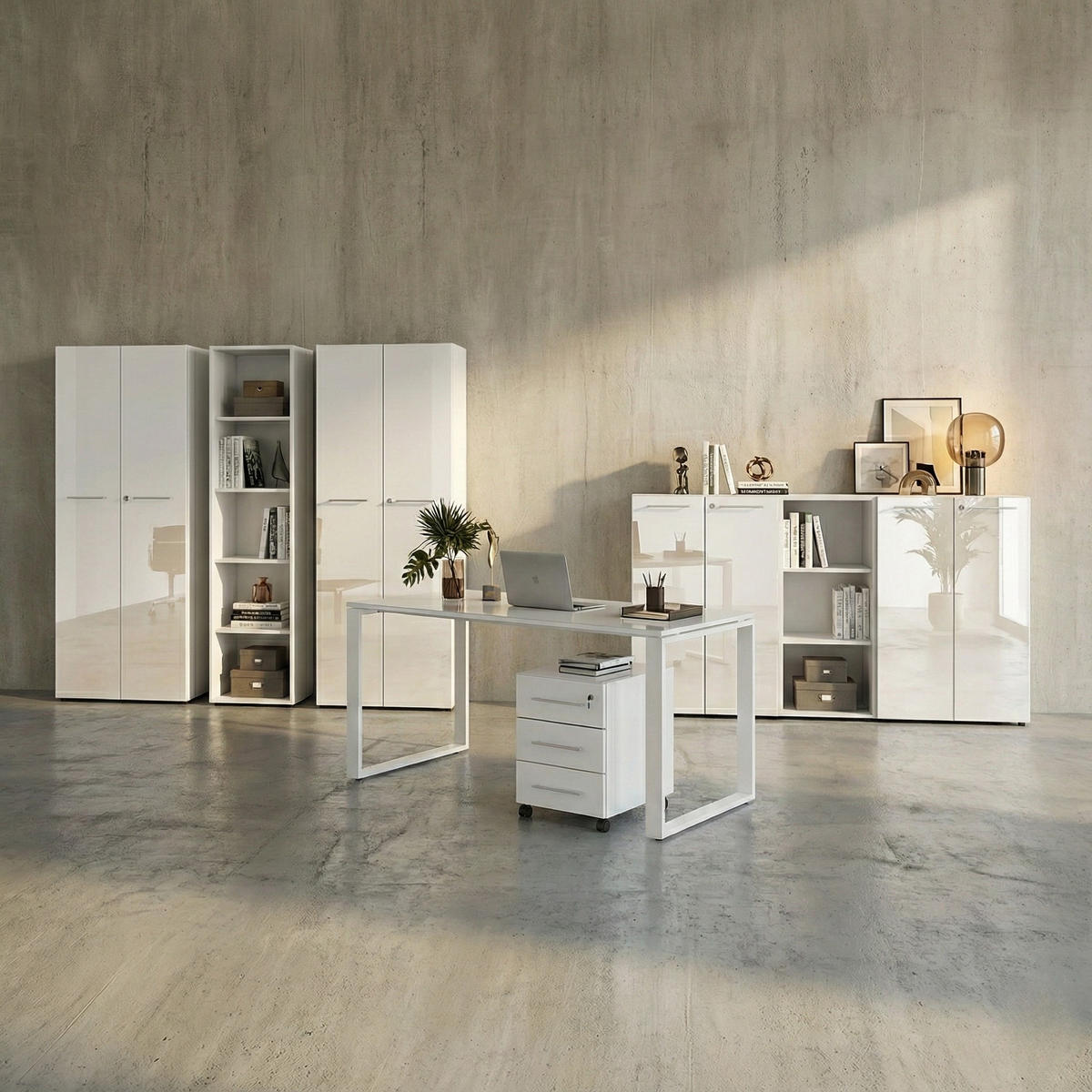 BÜRO-SET MUENCHEN 8-teilig Weiß | Glas & Abschließbar & Soft-Close - Weiß, Holzwerkstoff/Metall (575/196/80cm) - KADIMA DESIGN