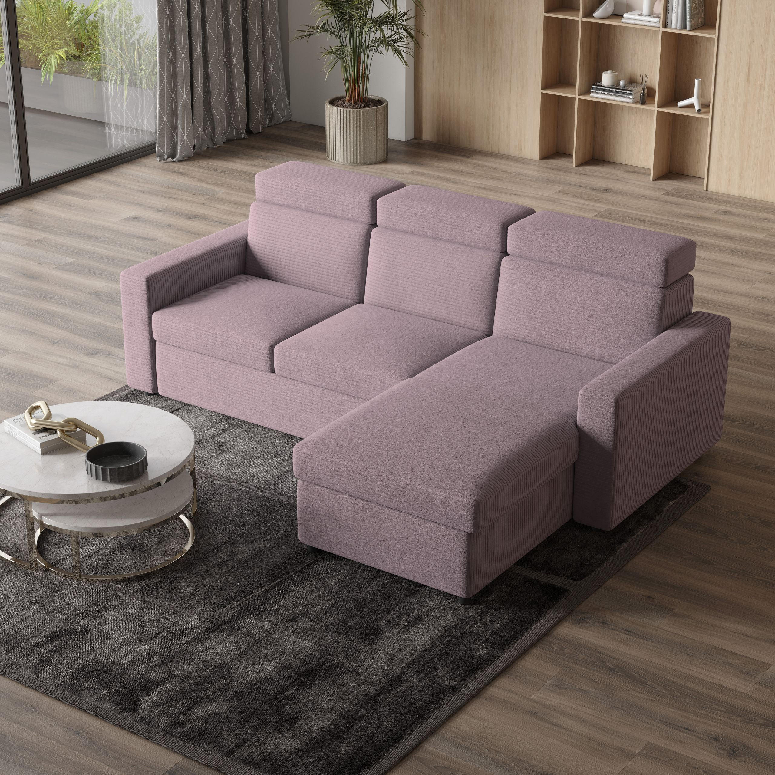 ECKSOFA PADWA Lila Kordstoff mit Schlaffunktion - Lila, Holz (227/168cm) - MASSENO