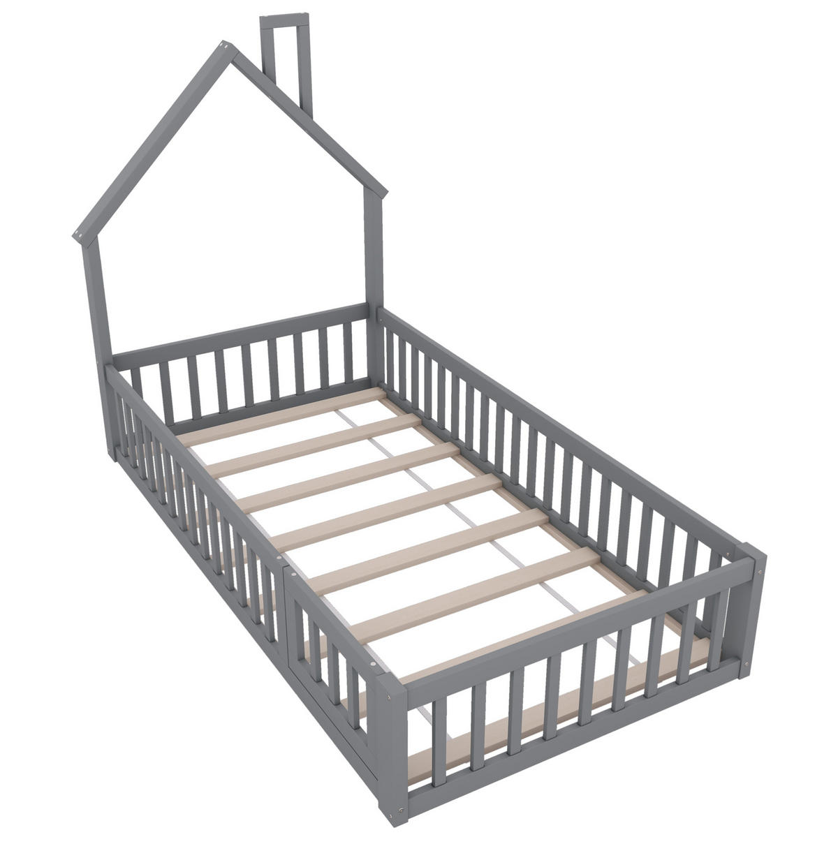 KINDERBETT Kindereinzelbetten 90/200 cm mit Lattenrost, Sicherheitsgitter und Schornstein-Design aus Kiefer, Grau - Grau, Holzwerkstoff (90/200cm) - Redom