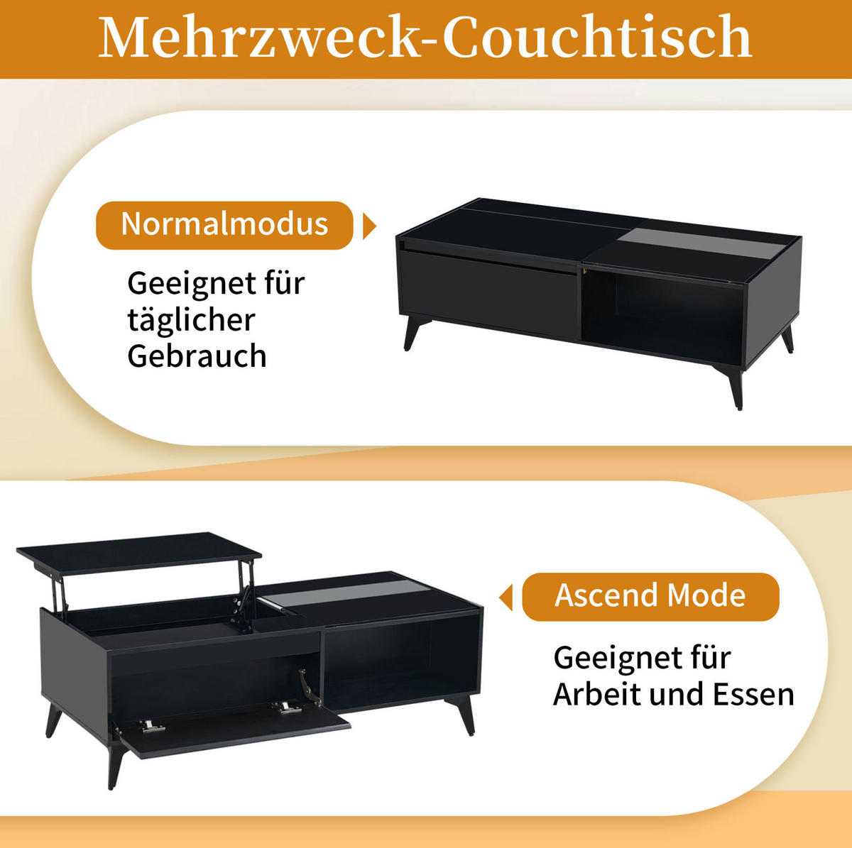 COUCHTISCH 110/50/48 cm schwarz aus Spanplatte mit Hebemechanismus und Stauraum - Schwarz, Holzwerkstoff (110/50/48cm) - OKMYHOME