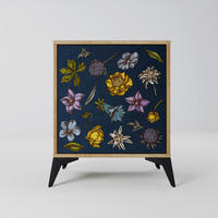 SIDEBOARD FLOWERS ON NAVY BLUE, Eichefarben, 57,5x42x70,5 cm, Schwarze Metall-Sternfüße - Eichefarben/Multicolor, Holzwerkstoff/Metall (57.5/70.5/42cm) - SpaceRebels