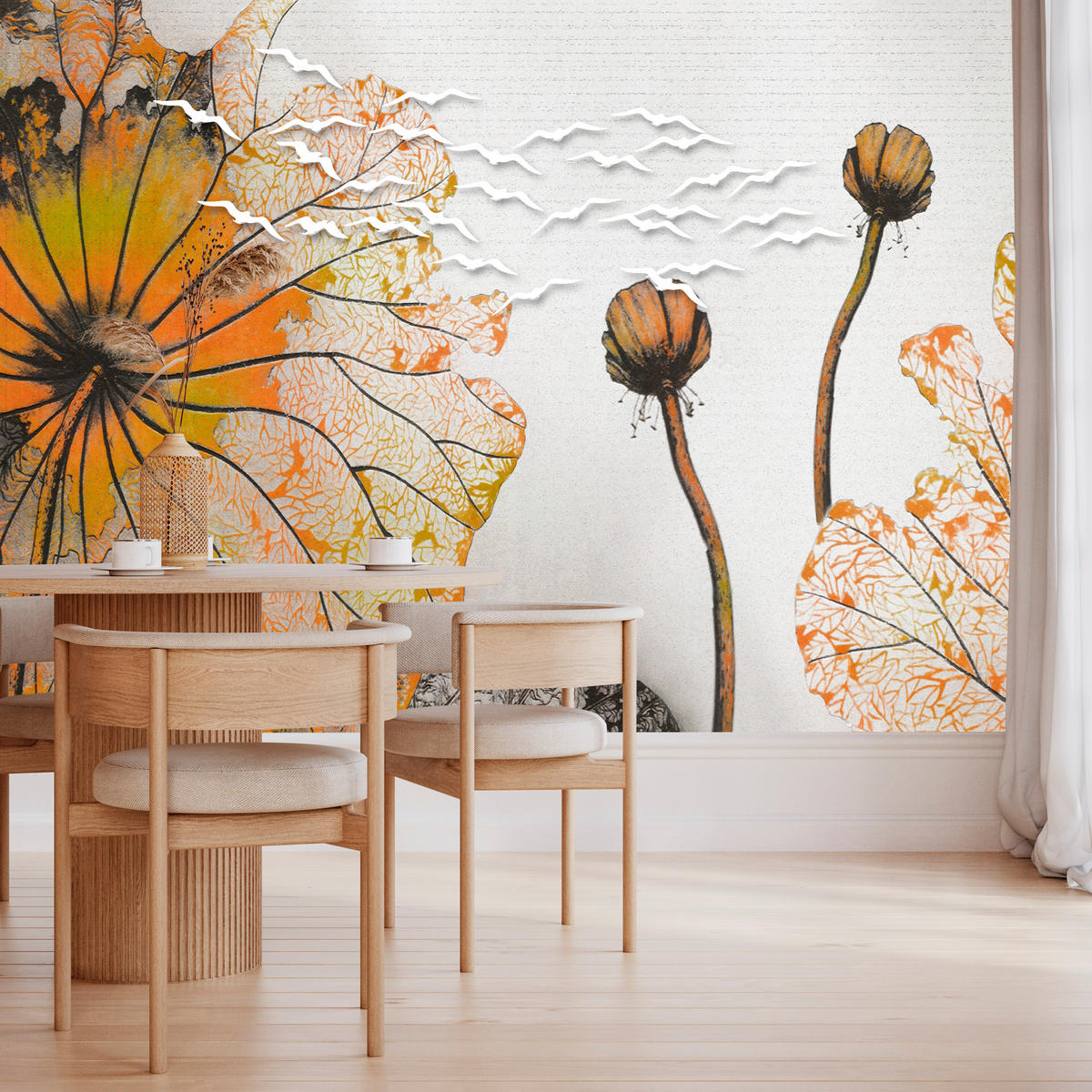 FOTOTAPETE für Esszimmer Große Abstrakte Orange Blumen Blätter 100x70 - Gelb/Orange, Papier (100/70cm) - Muralo