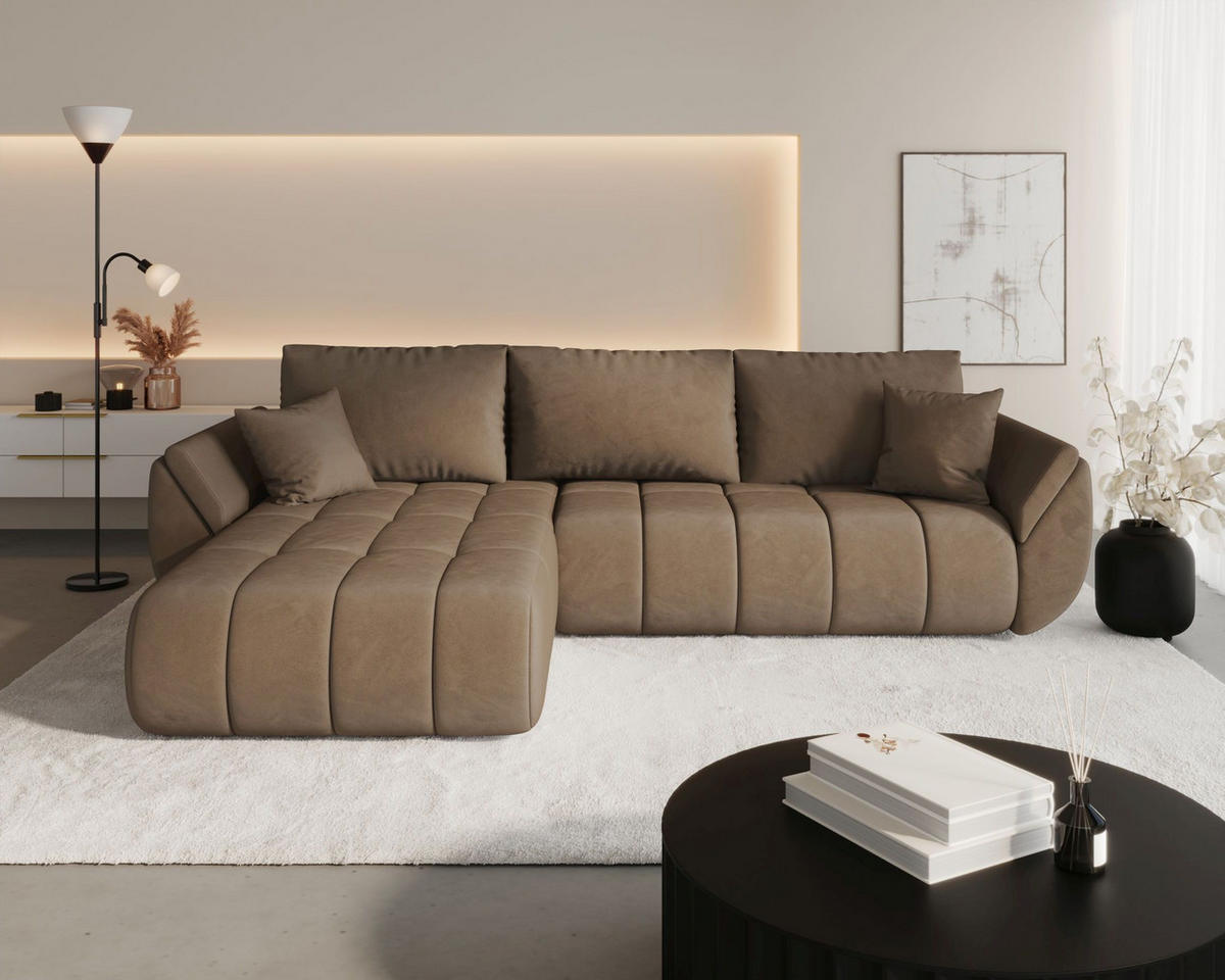 ECKSOFA SYDNEY PREMIUM links braun Velours Monolith 9 - Schlaffunktion, Bettkasten - Braun, Textil (280/184cm) - Cornero