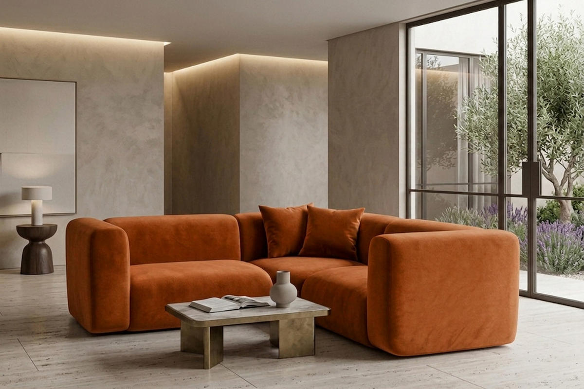 ECKSOFA Modulares, Corner Mini, Velvet-Stoff Bluvel, Zimtfarbe, GRETA - Orange, Holz (190/190cm) - Kaiser Möbel