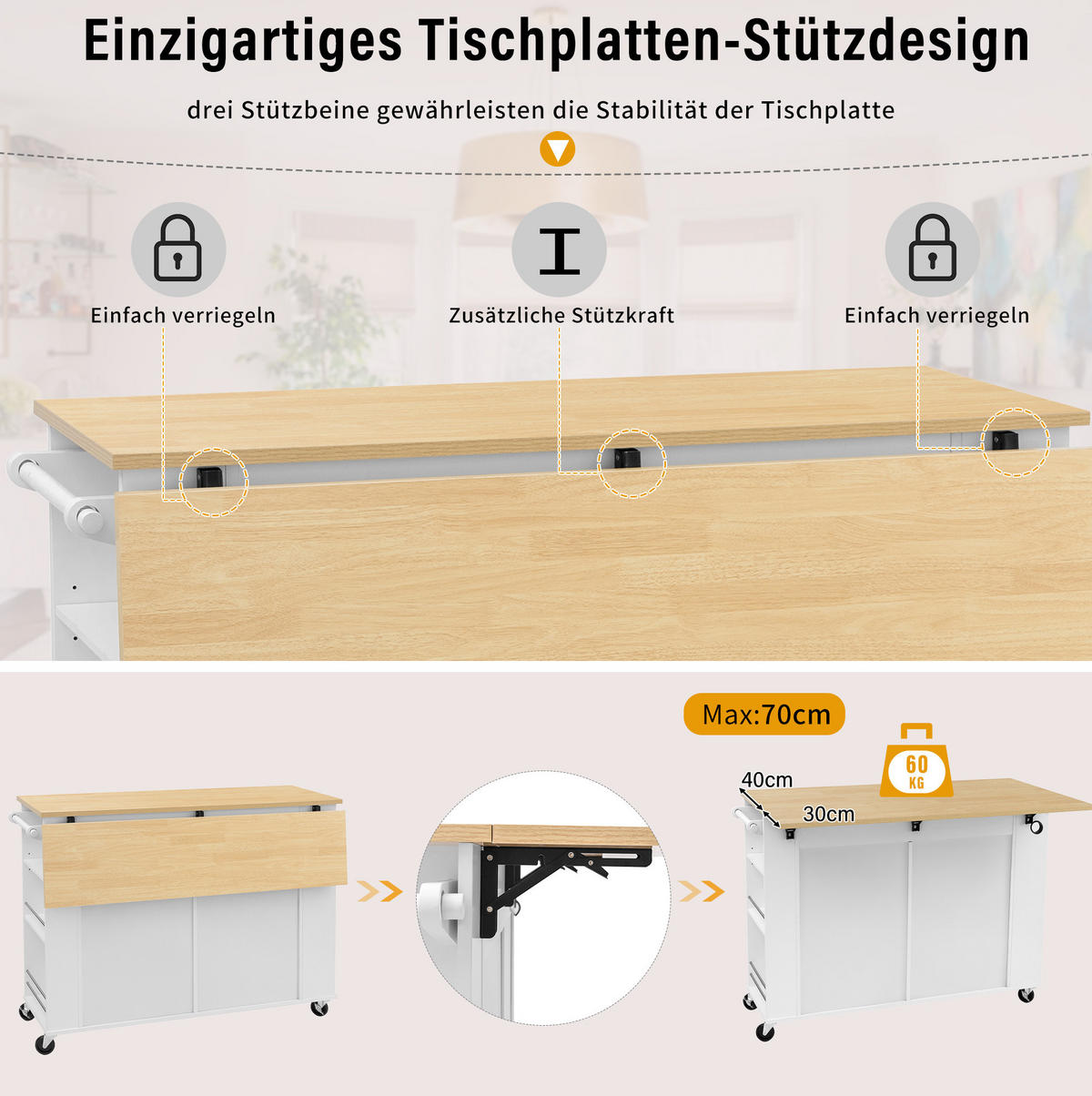 KÜCHENINSEL 120/92/40-70 cm Weiß/Natur aus MDF und Holzwerkstoff mit Rollen - Weiß, Holzwerkstoff (70/92/120cm) - OKMYHOME