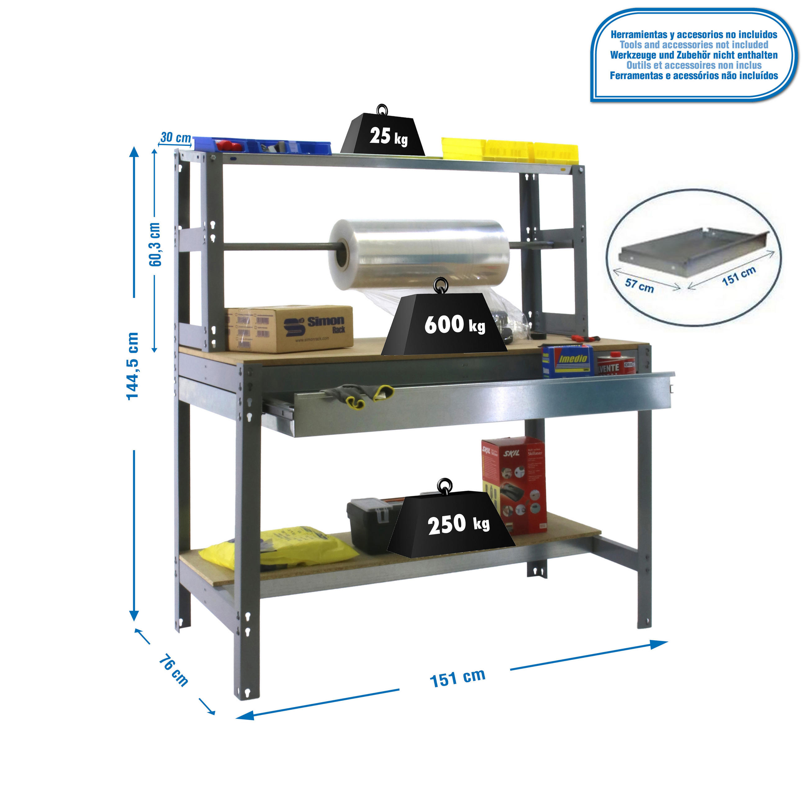 PACKTISCH BUFFALO mit Schubfach | HxBxT 84x150x76cm | Traglast 600kg | Grau - Grau, Metall (150/84/76cm) - PROREGAL
