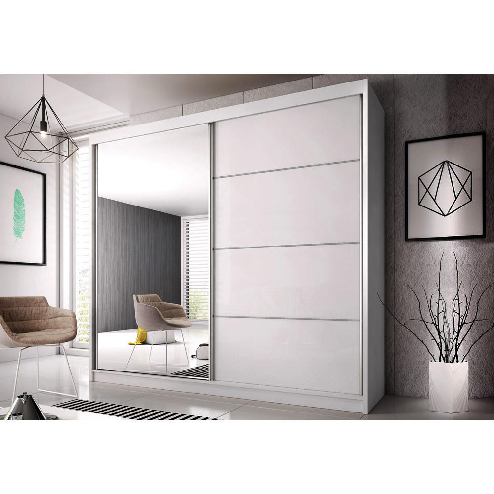 SCHWEBETÜRENSCHRANK Multi 35 Weiß/Weiß Semigloss + Spiegel 233 cm - Alufarben/Weiß, Glas/Holzwerkstoff (233/218/61cm) - imoebel24
