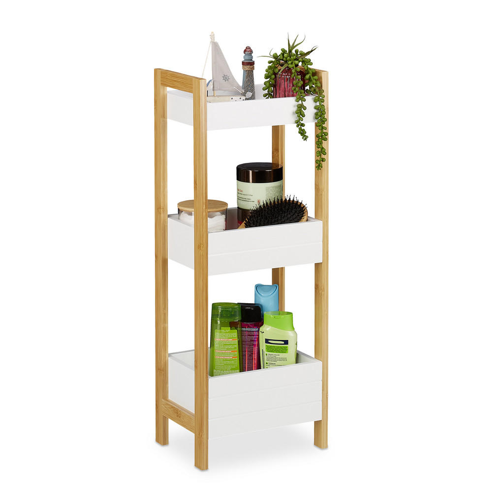 Relaxdays REGÁL Přírodní Bílá 3 košíky bambus MDF 74,5 cm