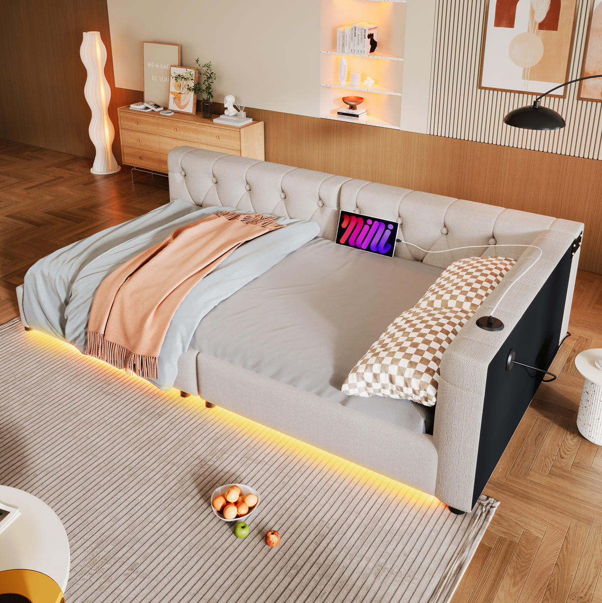 TAPECIRANI krevet 90/200 cm bež od lana s LED rasvjetom i USB Type-C priključcima - bež, tekstil (90/200cm) - OKWISH