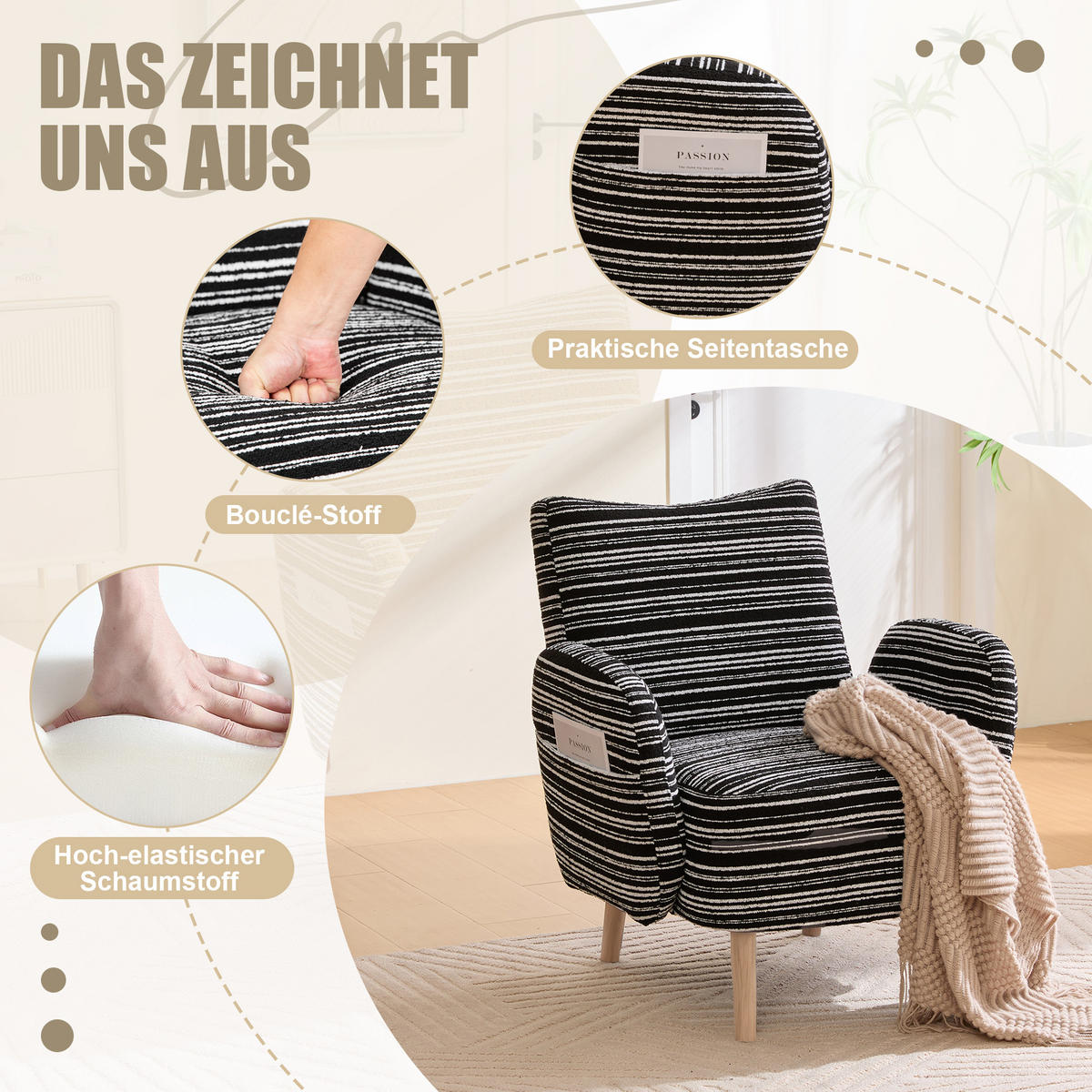 KŘESLO látka bouclé, moderní, s boční kapsou a dřevěnými nohami - černá, textil (77/87/81cm) - Urban Meuble