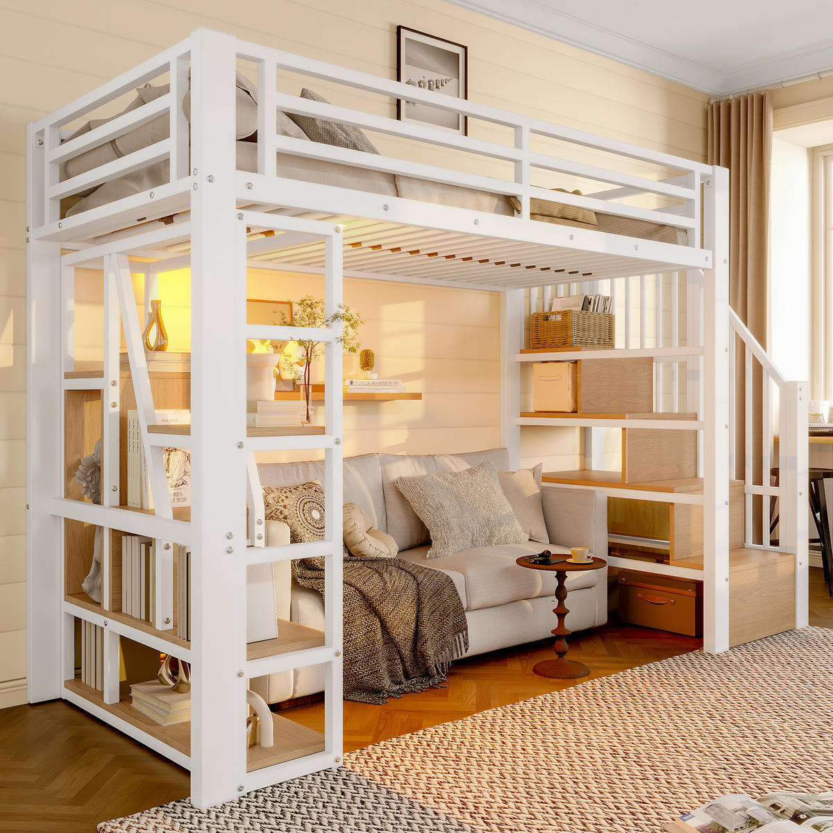 HOCHBETT 90x200cm Weiß Metall LED-Licht offener Stauraum - Weiß, Holz (90/200cm) - FLIEKS