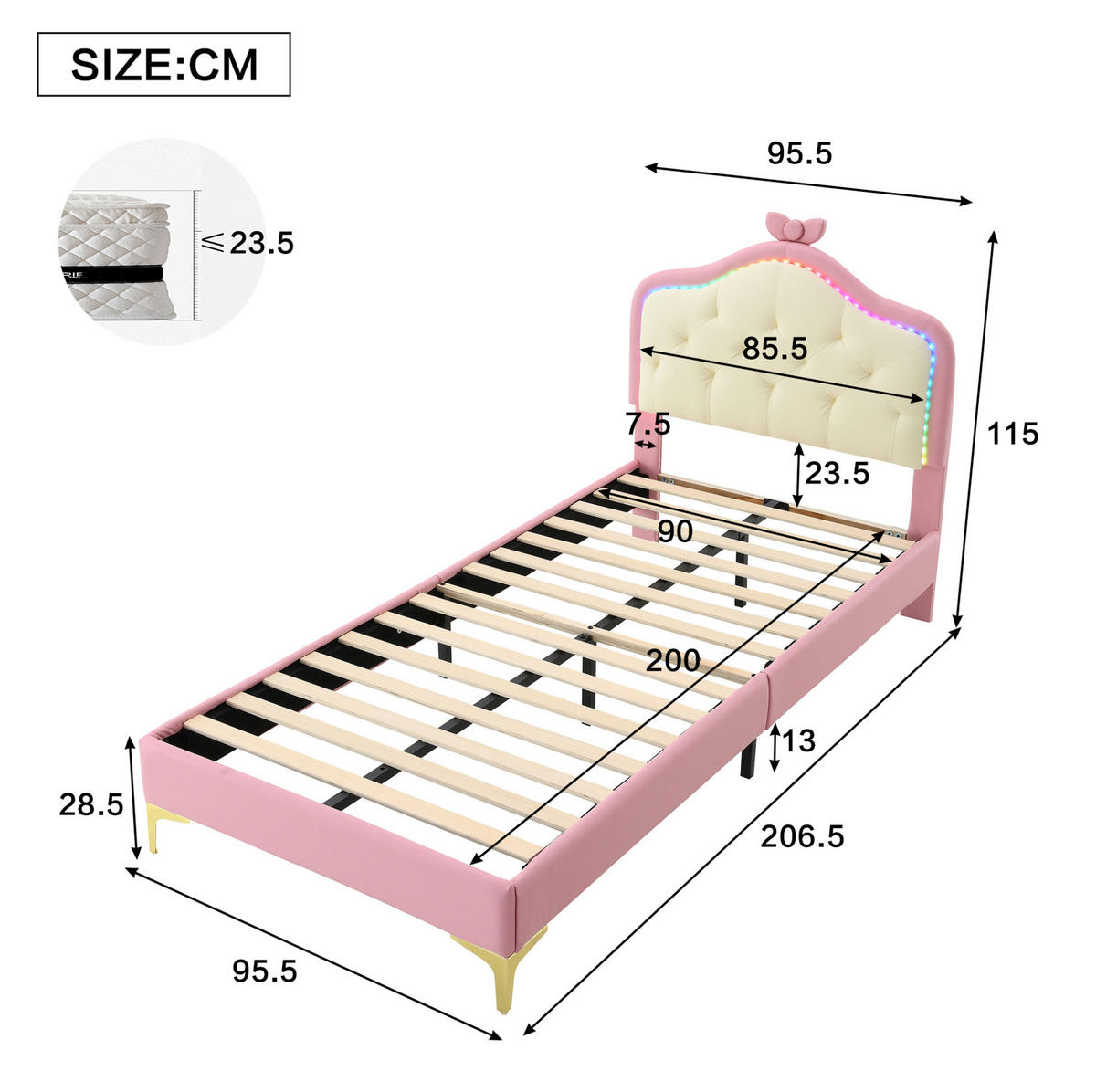 KINDEREINZELBETTEN aus Kunststoff 90x200 cm in Rosa/Weiß mit LED-Beleuchtung - Weiß, Kunststoff (90/200cm) - Modfu