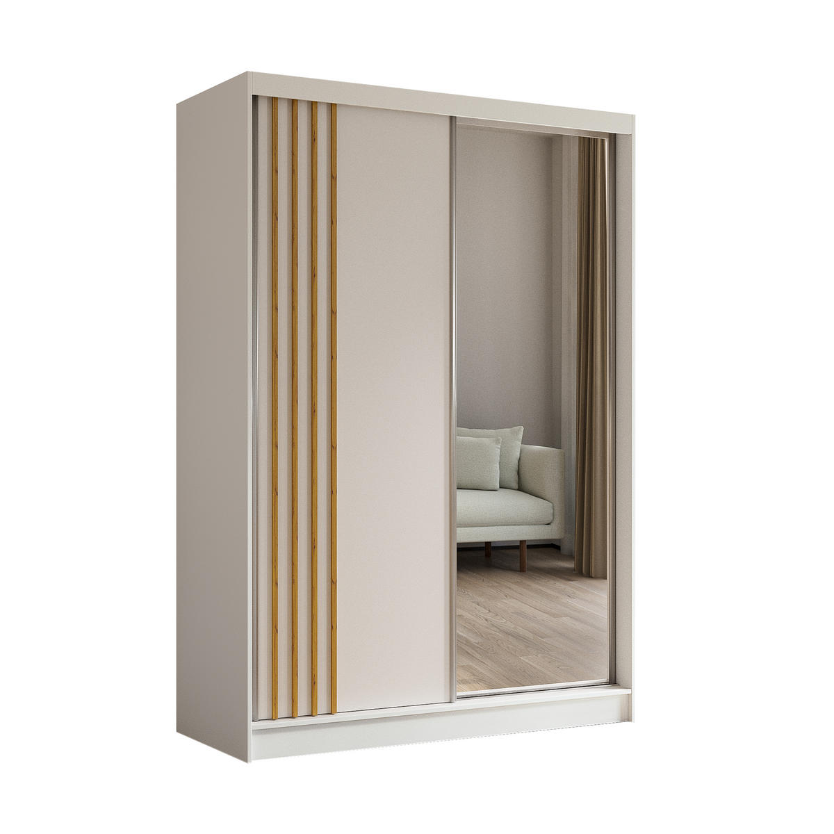 KLEIDERSCHRANK mit Spiegel-Schiebetüren und Aluminium-Leisten, LED-Beleuchtung - NALLA - 150 cm Weiß+Weiß+Artisan - Weiß/Eiche Artisan, Holzwerkstoff (150/216/61cm) - ALTDECOR