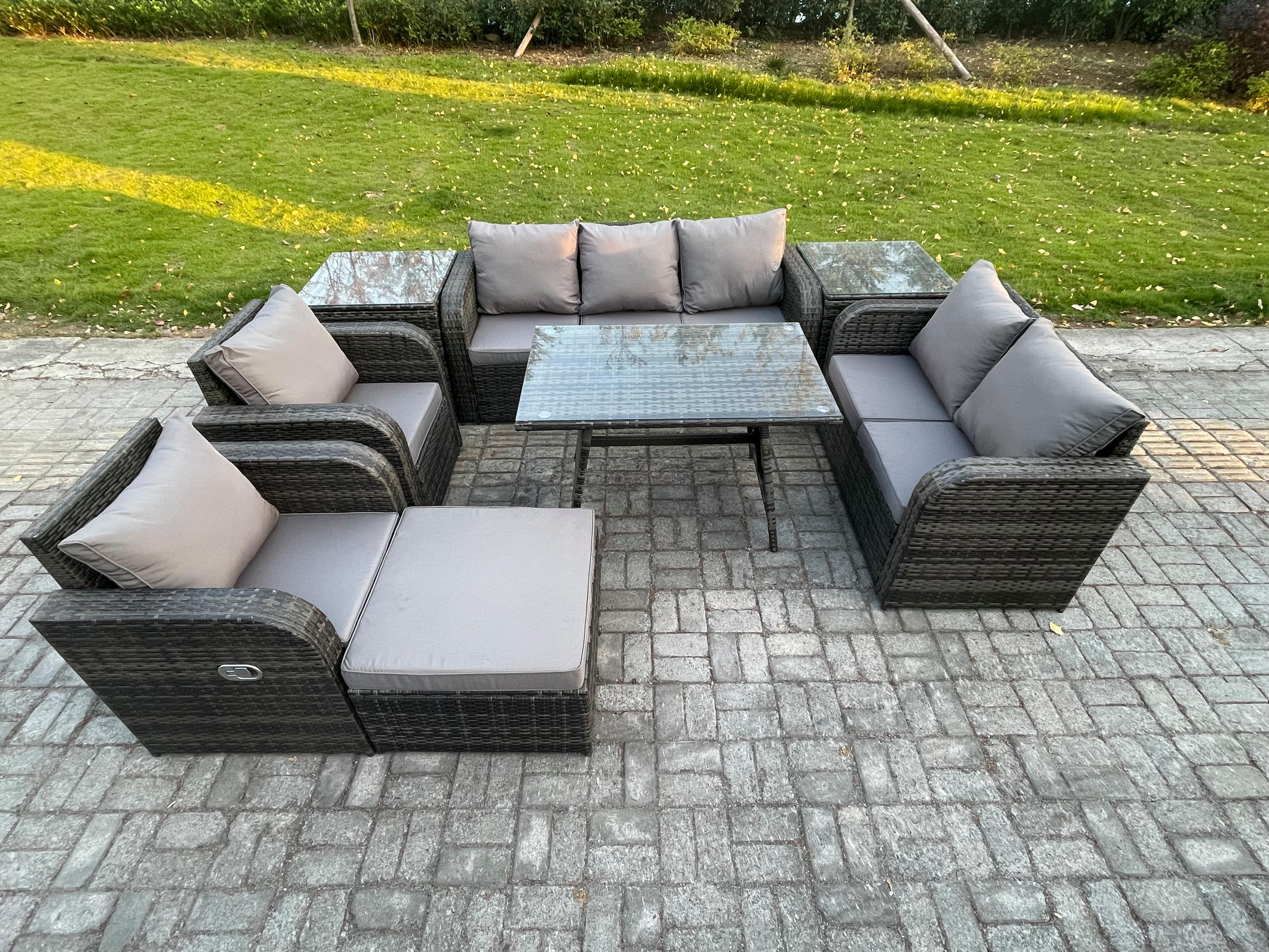 GARTENMÖBEL SET Polyrattan Dunkelgrau 8-Sitzer - Dunkelgrau/Grau, Glas/Kunststoff - Fimous