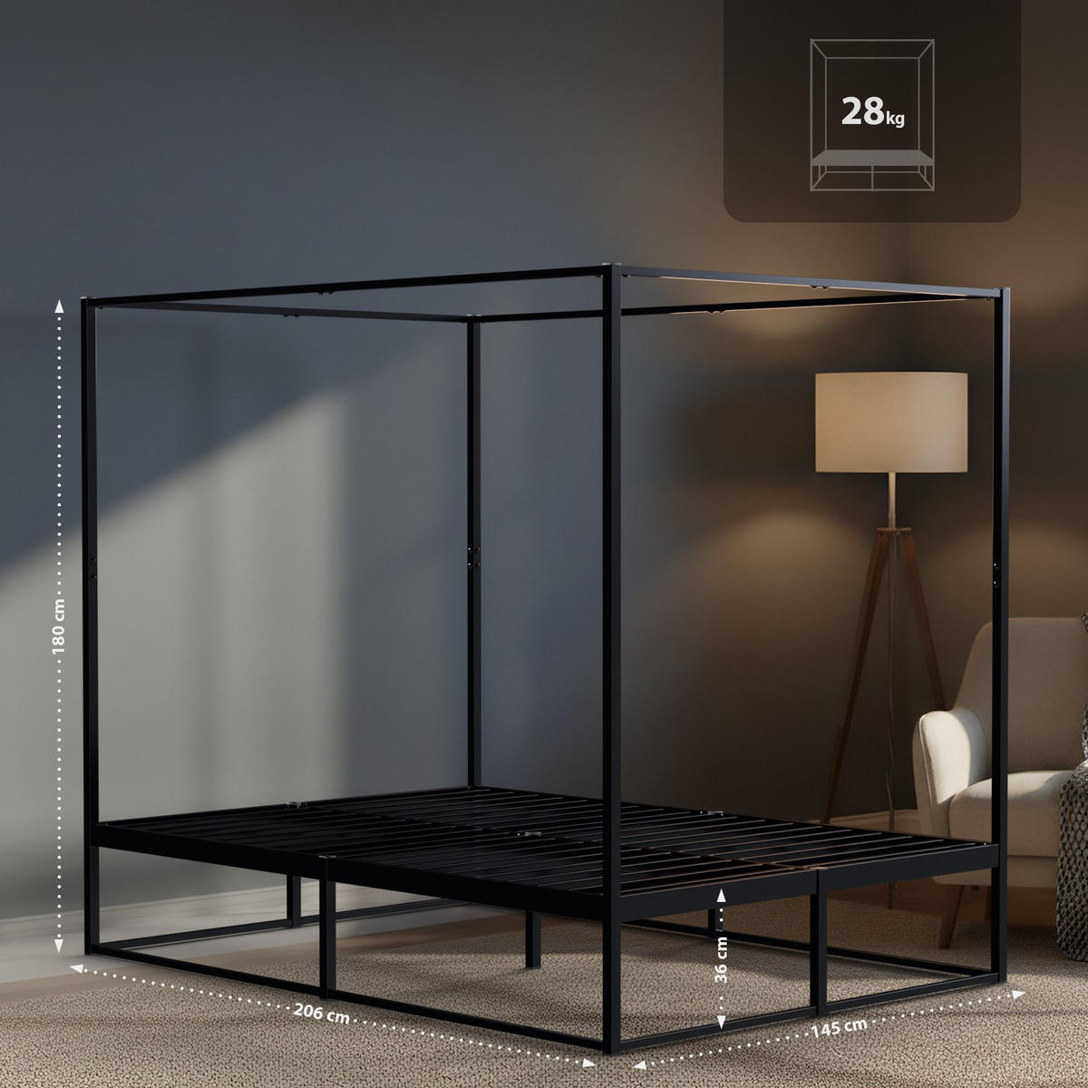 HIMMELBETT Kosan Metall Schwarz Bett 140x200 Schwarz - Schwarz, Metall - DELUKE