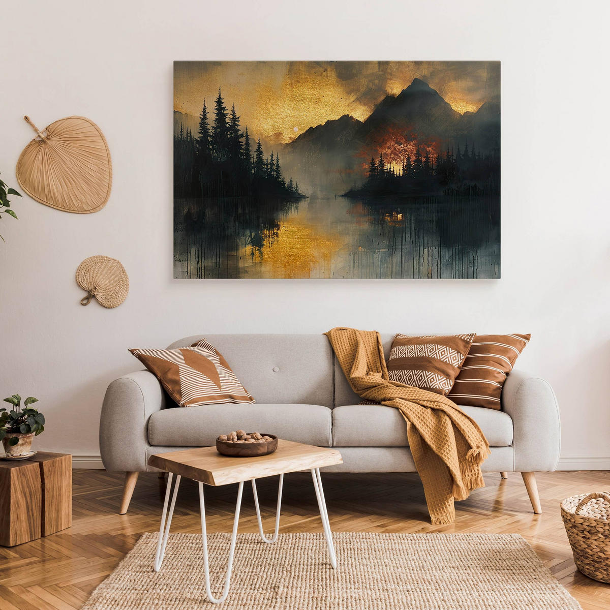 LEINWANDBILD Berge Wald Landschaft Glamour Stil 30x20 cm - Beige/Schwarz, Textil (30/20cm) - Muralo