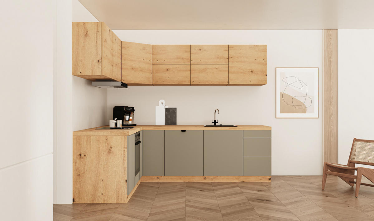WINKELKÜCHE 240 cm x 200cm- Langen KL25-M240 - in Beige / Artisan Eiche - Beige/Eiche Artisan, Holz (440/212/52cm)