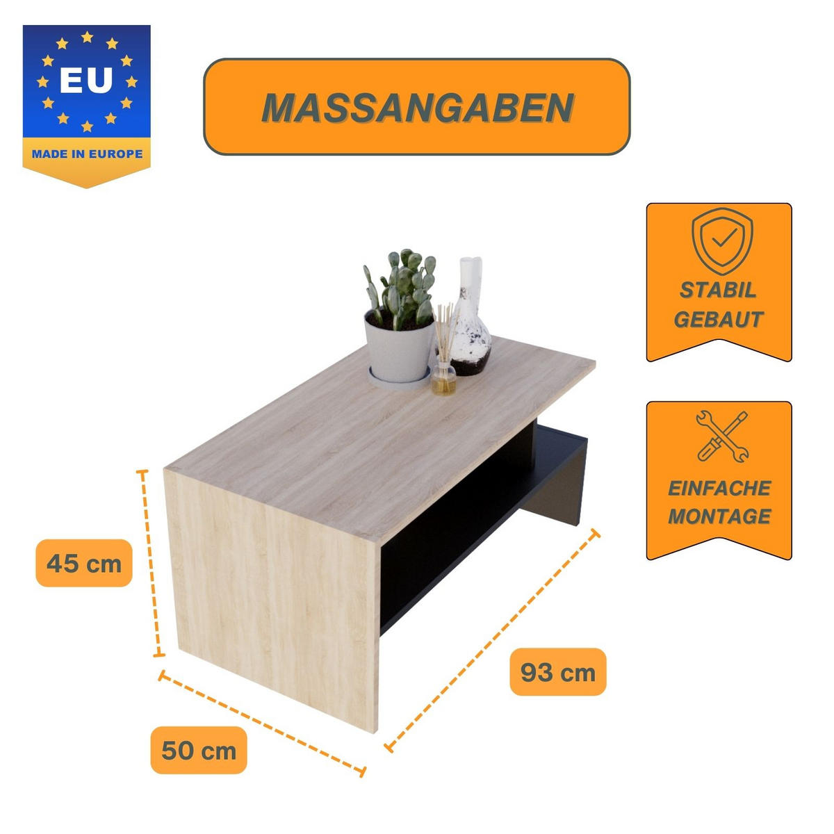 COUCHTISCH Holzwerkstoff rechteckig stabil Sonoma Eiche 50/45/93cm - Schwarz/Sonoma Eiche, Holzwerkstoff (50/93/45cm) - CraftPAK