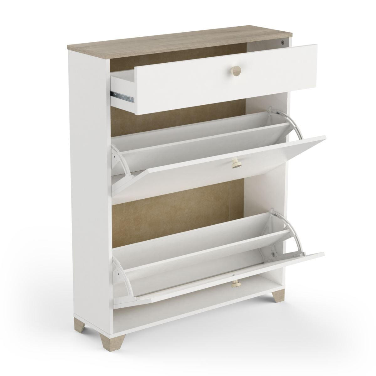 SCHUHMÖBEL 2 Klappen und 1 Schublade Kronberg Eiche und Weiß Dekor - L80,8 cm - Weiß, Holzwerkstoff (24.4/104.3/80.8cm) - Calicosy
