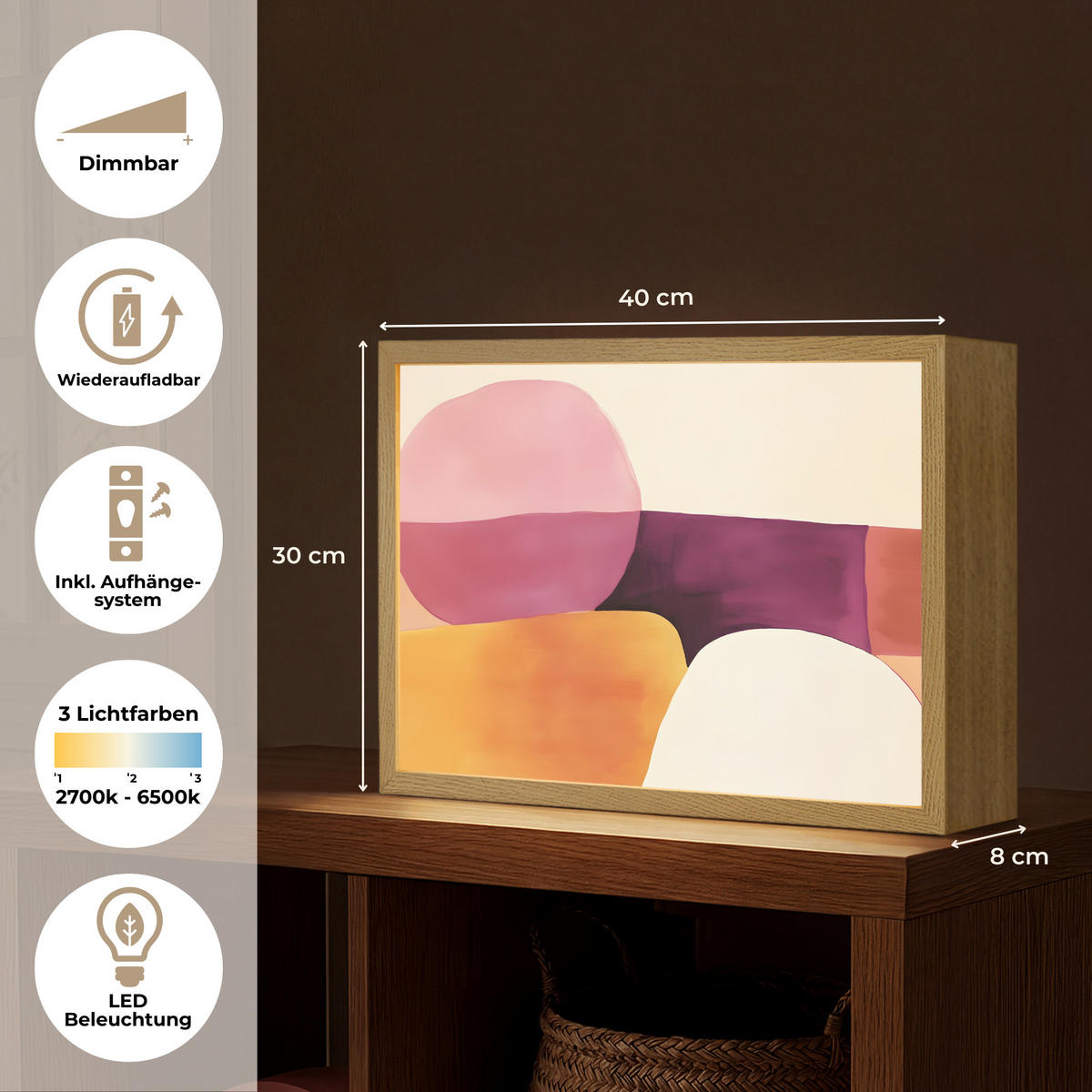 NÁSTĚNNÁ LAMPA S AKUMULÁTOREM Tvary - abstraktní - barevné 40x30 cm - růžová, kompozitní dřevo (40/30/8cm) - OnlyWow