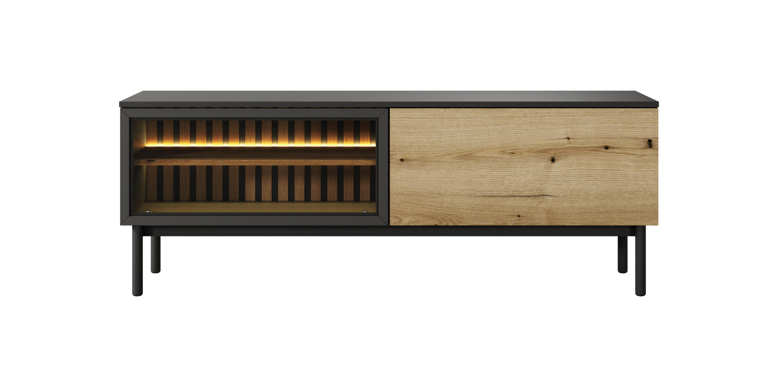 TV-SCHRANK Lango 150 Schwarz mit Eiche Evoke, Tv-Tisch mit Led-Beleuchtung - Hellbraun/Schwarz, Glas/Holzwerkstoff (150/55/39cm) - Bettso