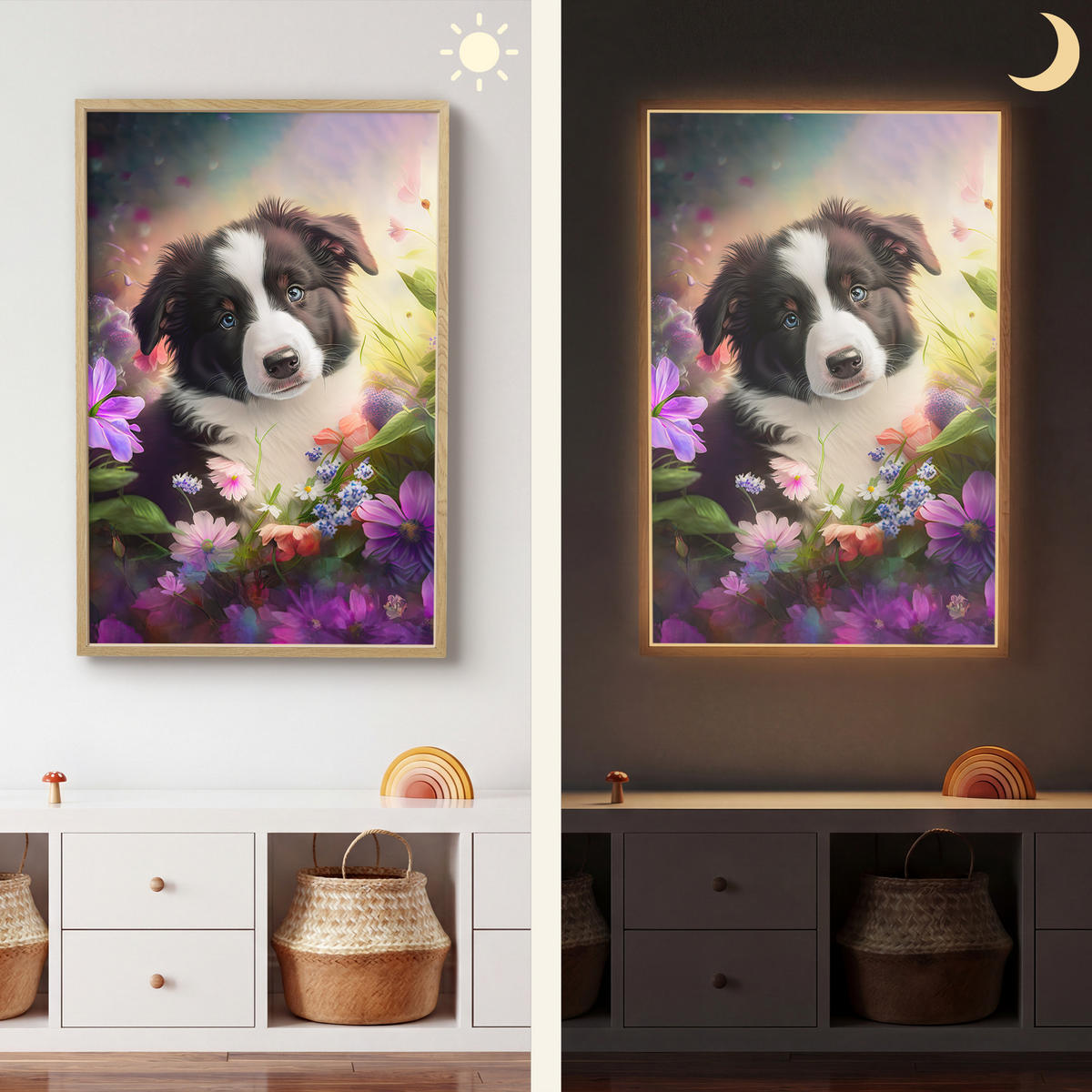 NÁSTĚNNÁ LAMPA S AKUMULÁTOREM Štěně - Slunce - Květiny - Příroda - Border kolie - Pes 60x90 cm - fialová, kompozitní dřevo (60/90/8cm) - OnlyWow