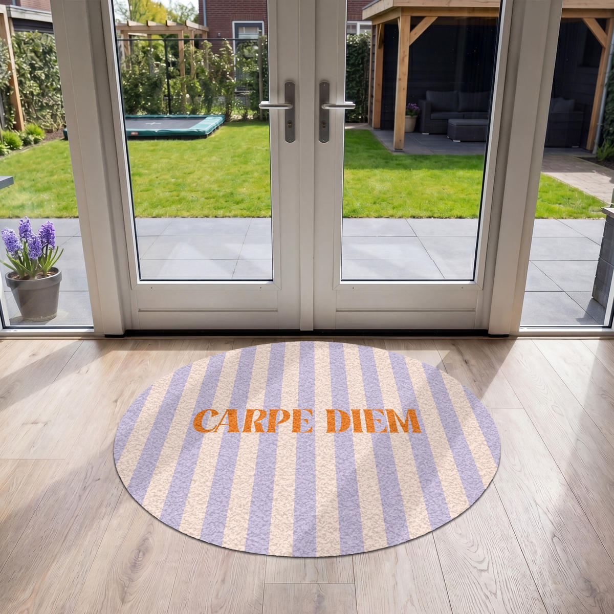 FUSSMATTE Lila – Orange – Streifen – Carpe Diem 120x120 cm - Flieder, Kunststoff (120/0.4cm) - MuchoWow